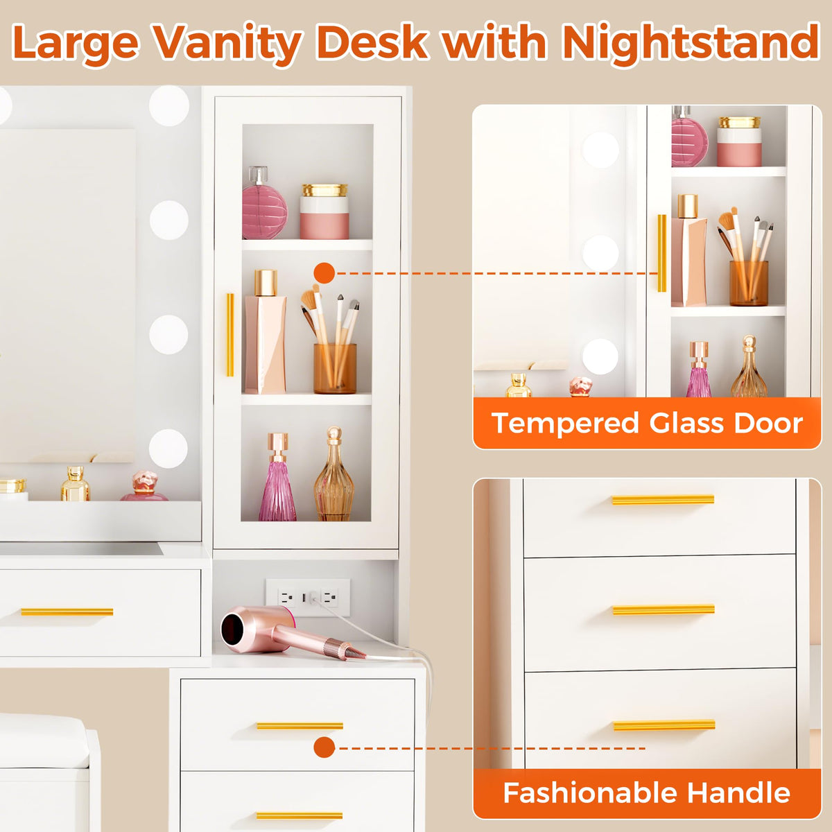 White Glass Top Vanity Desk with Mirror and Lights J5994