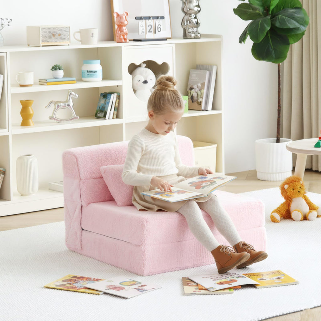 Pink Plush Convertible Folding Kids Sofa Bed with Pillow & Storage Bag F4333
