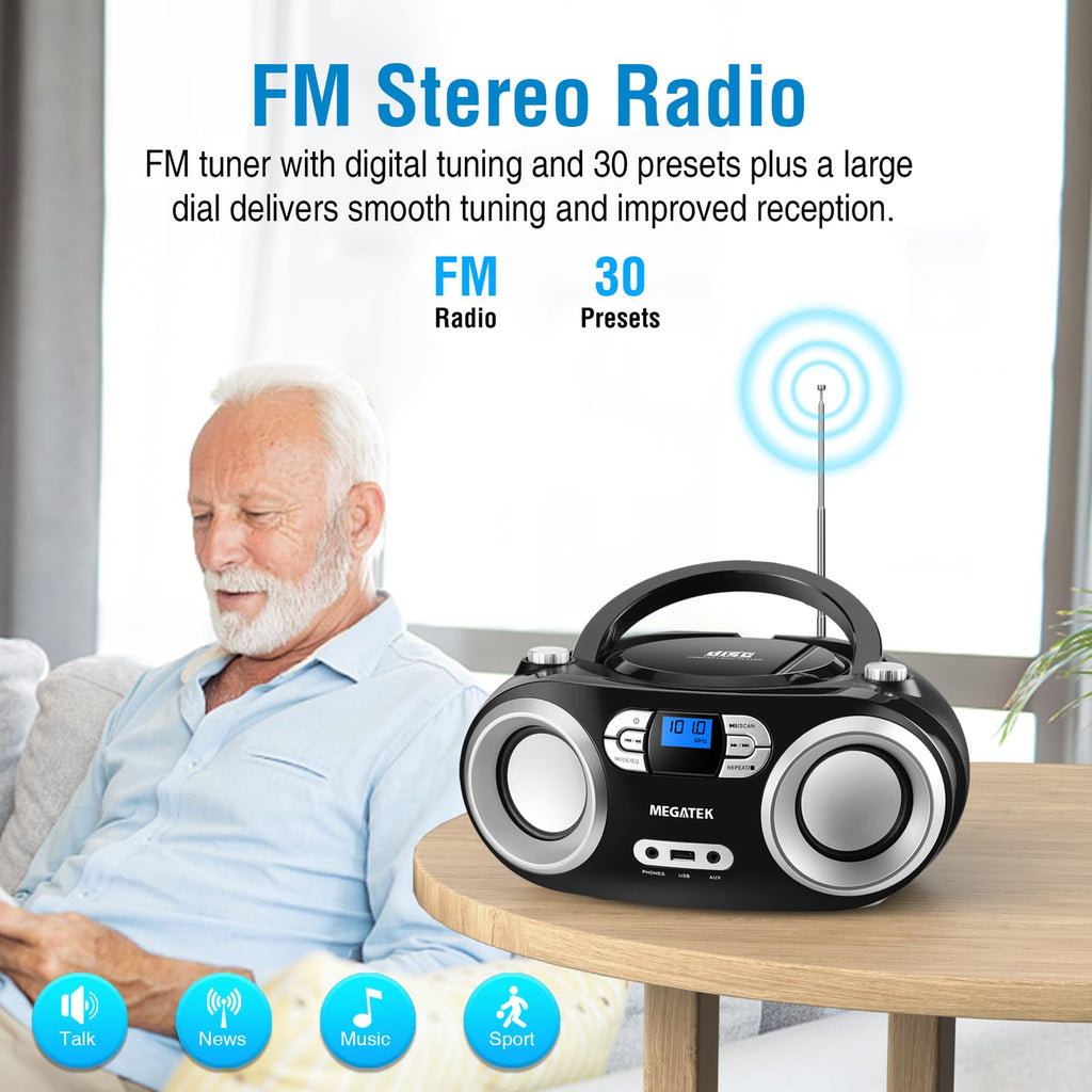 Portable CD Player Boombox with Bluetooth & FM Radio – Black D860