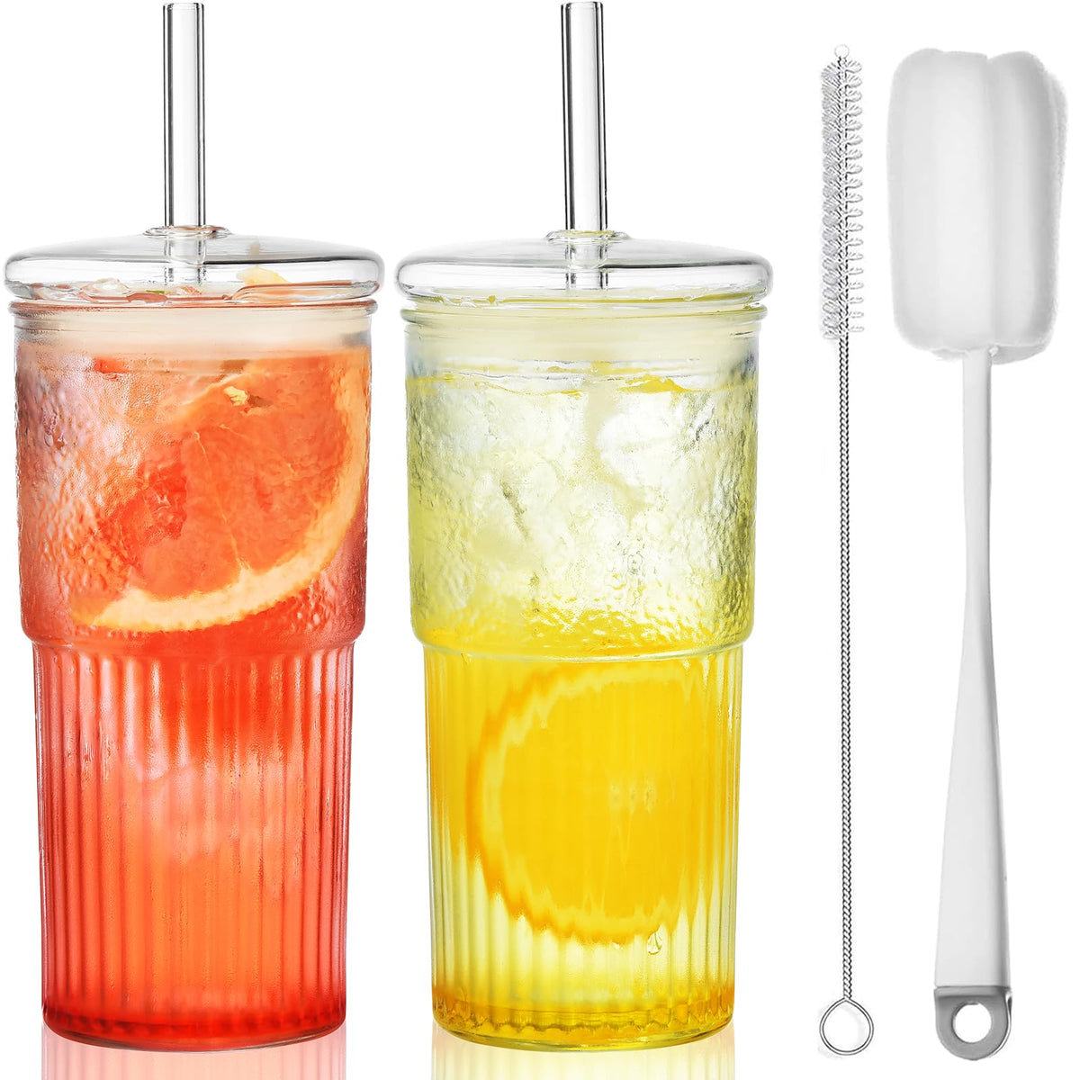 22 oz High Borosilicate Clear Glass Cups with Lids and Straws, Pack of 2 V90260