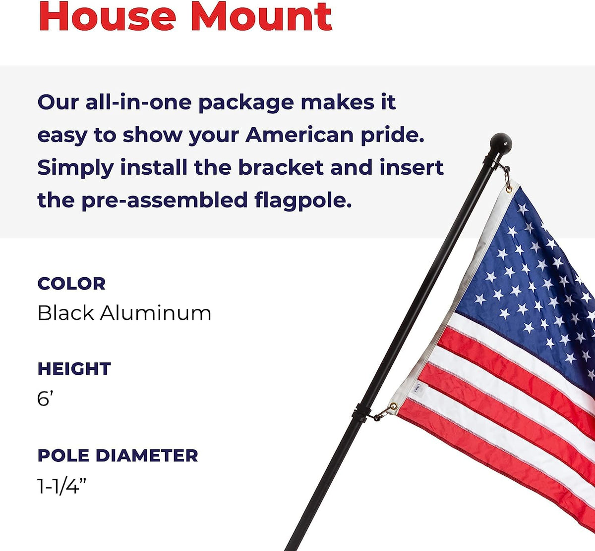 6' Black Aluminum Flagpole with American Flag and Mounting Bracket E571