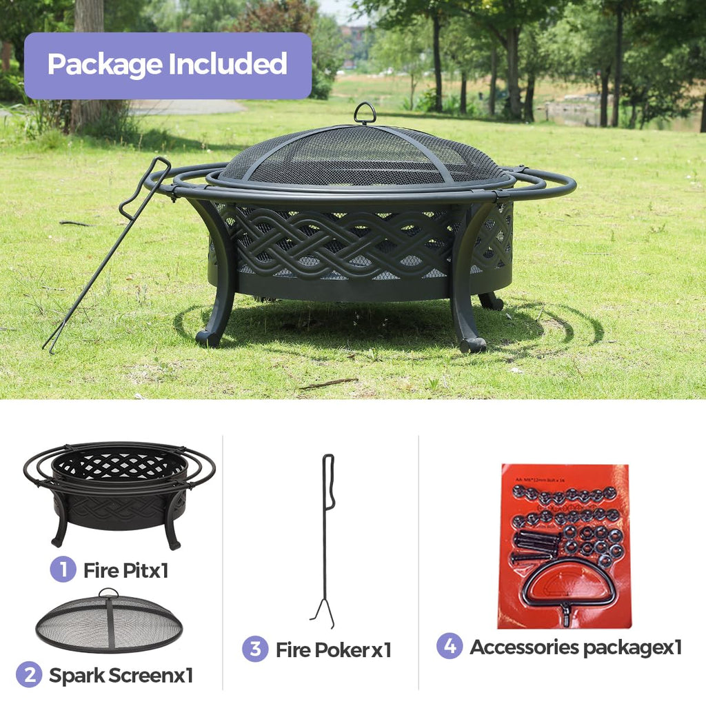36 Inch Outdoor Fire Pit with Spark Screen Black A457