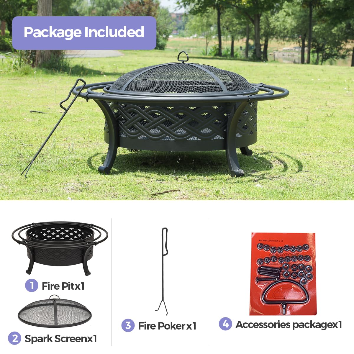 36 Inch Outdoor Fire Pit with Spark Screen Black A457