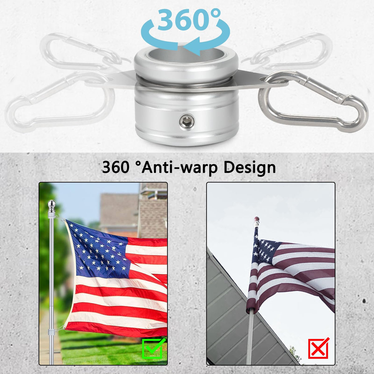 Aluminum Alloy Flag Pole Rings 360° Rotating with Carabiner, Pack of 2 Y708