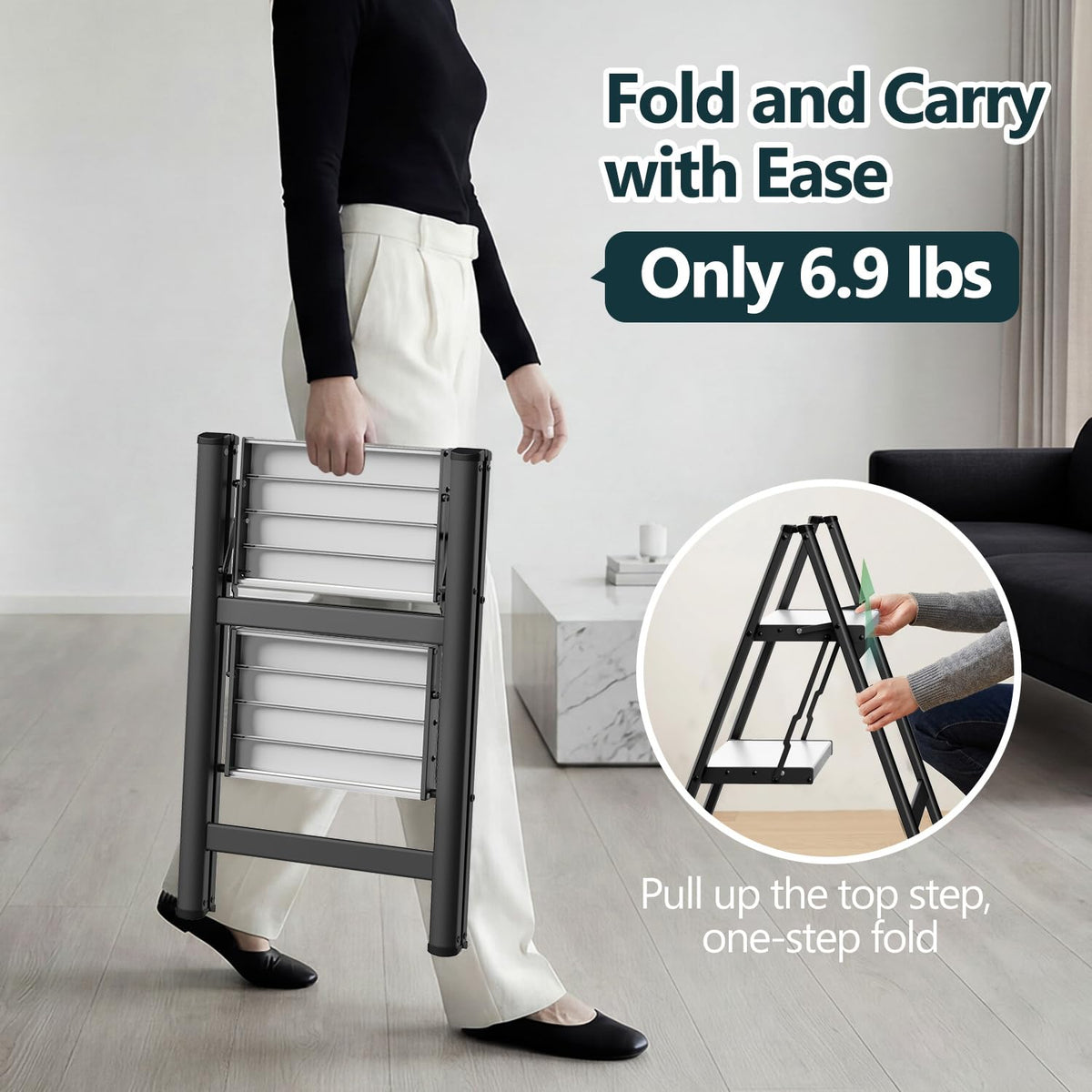 2 Step Ladder, Foldable Step Stool, 300lbs Load, Black & White W311