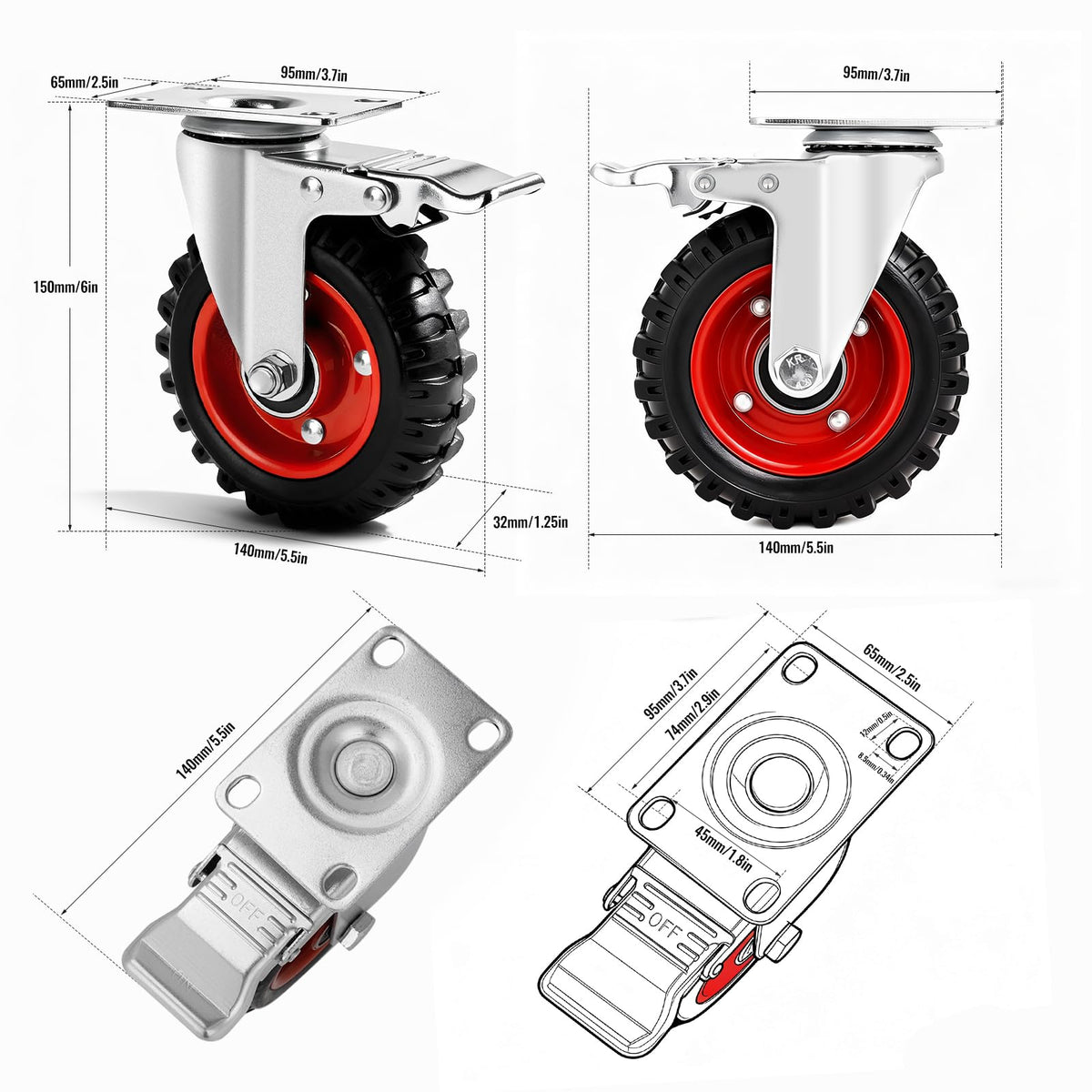 5 Inch Heavy Duty Casters Set of 4 Dual Locking Rubber Swivel Plate O308165