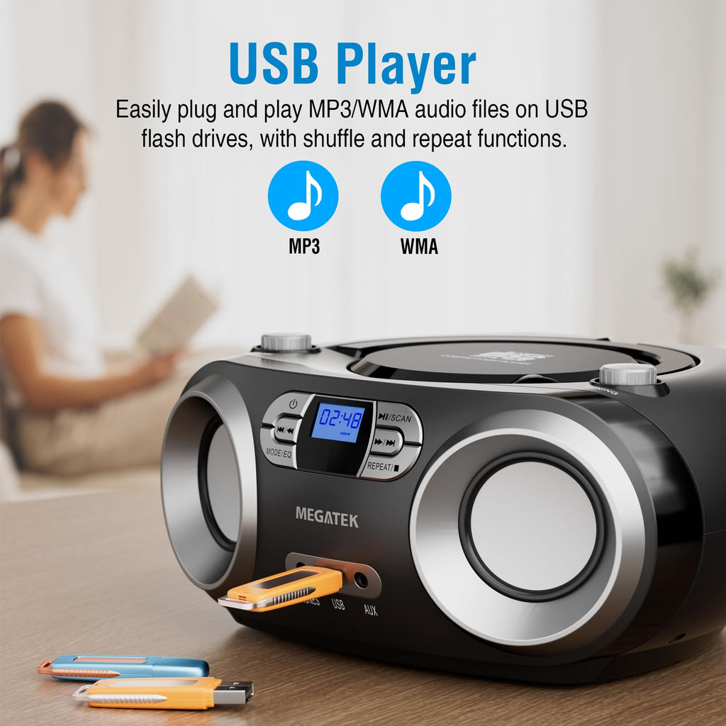 Portable CD Player Boombox with Bluetooth & FM Radio – Black D860