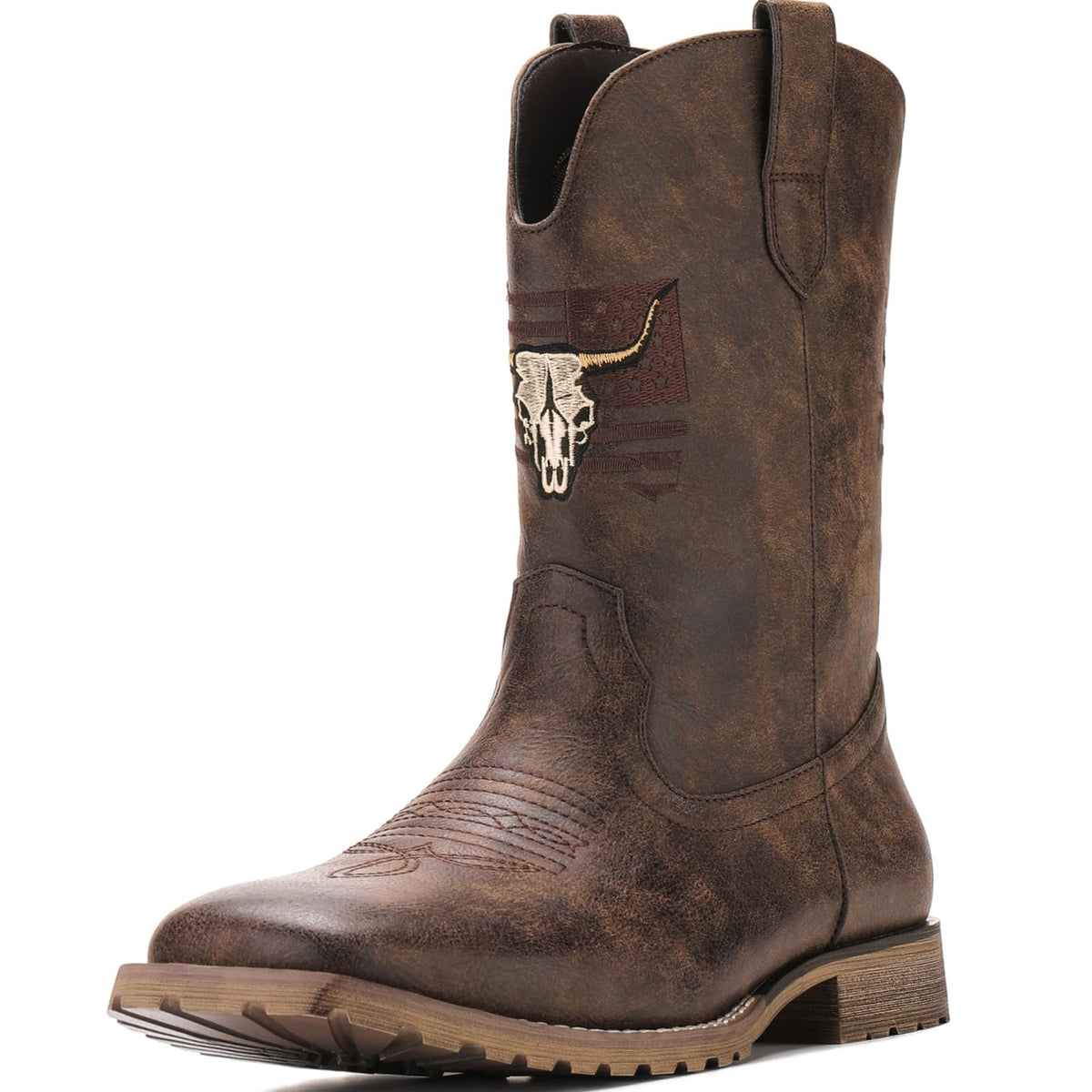Vintage Distressed Brown Square Toe Mid-Calf Cowboy Boots Y82249