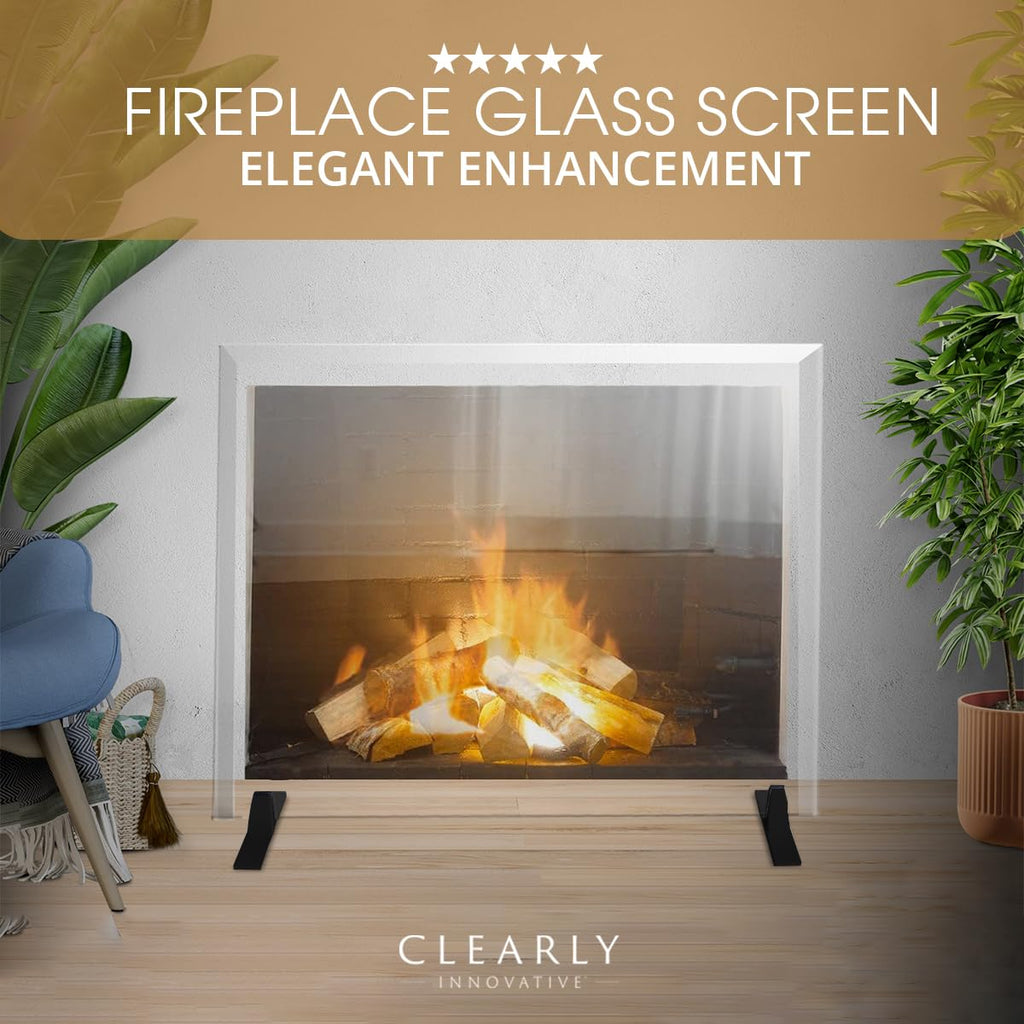 Tempered Glass Fireplace Screen, 33" x 46", Black Base J20915