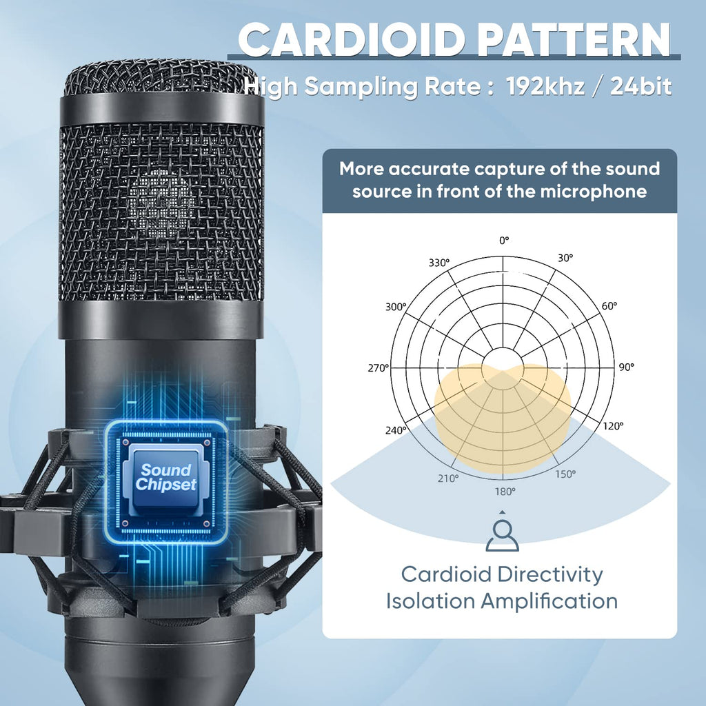USB Microphone 192kHz/24bit Cardioid Condenser Studio Mic Kit with Boom Arm D67329