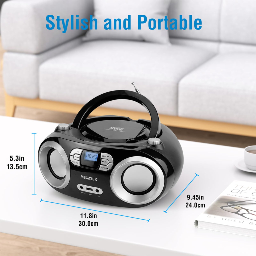 Portable CD Player Boombox with Bluetooth & FM Radio – Black D860