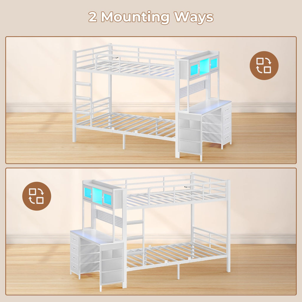 Twin Over Twin Bunk Bed with Desk & LED Light I816