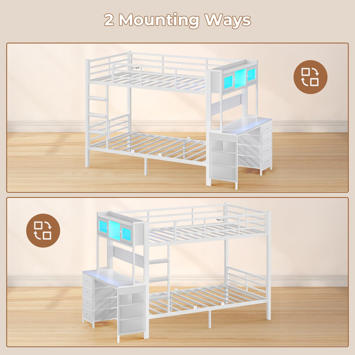 Twin Over Twin Bunk Bed with Desk & LED Light I816