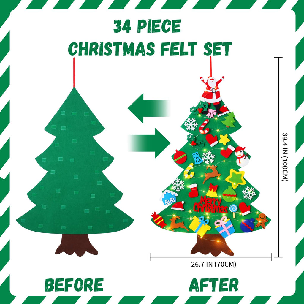 Felt Christmas Tree for Toddlers, 3.2ft Wall Hanging DIY Xmas Decorations with String Light Y219698