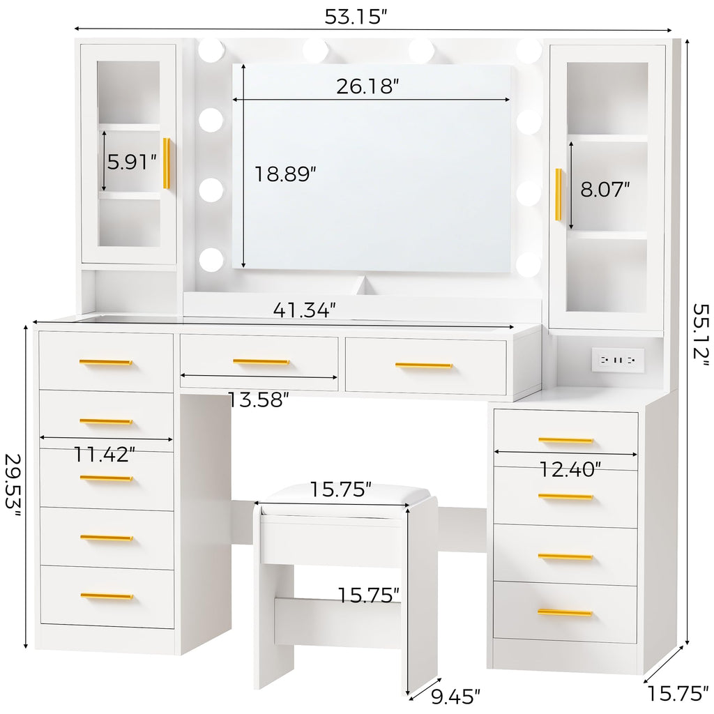 White Glass Top Vanity Desk with Mirror and Lights J5994
