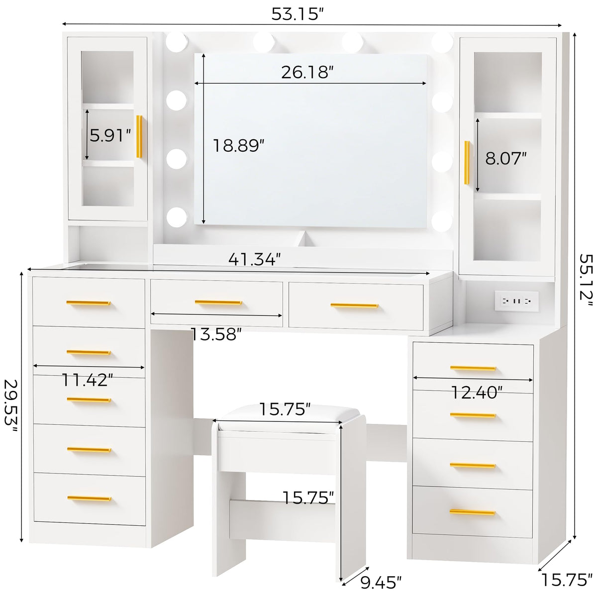 White Glass Top Vanity Desk with Mirror and Lights J5994