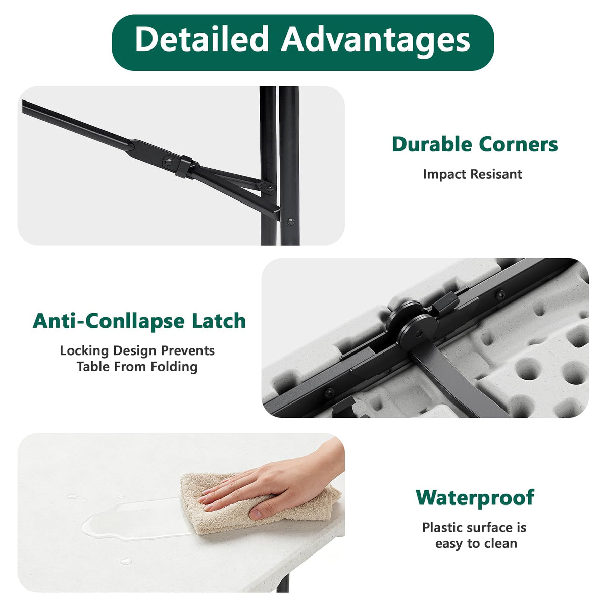 6FT Heavy Duty Plastic Folding Table with Steel Legs White F7949