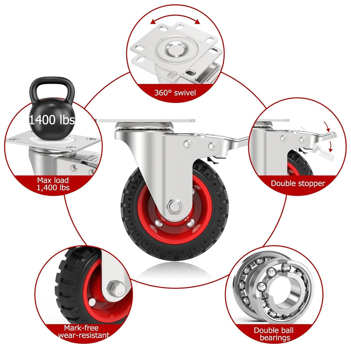 5 Inch Heavy Duty Casters Set of 4 Dual Locking Rubber Swivel Plate O308165
