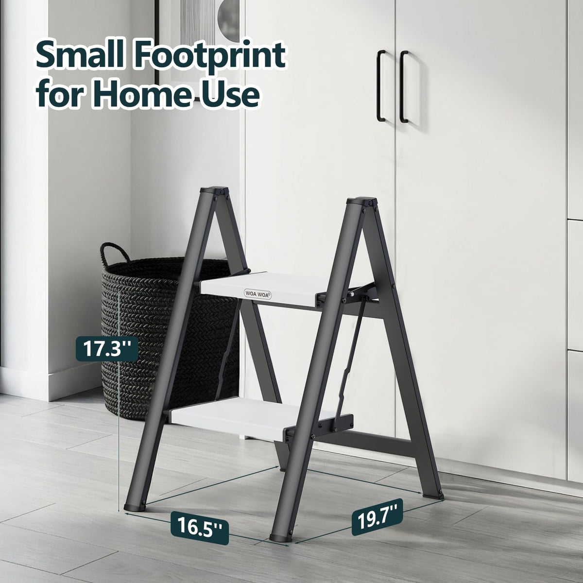 2 Step Ladder, Foldable Step Stool, 300lbs Load, Black & White W311
