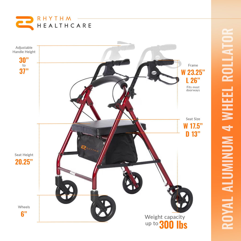 Red Aluminum 4 Wheel Rollator with Padded Seat A51846