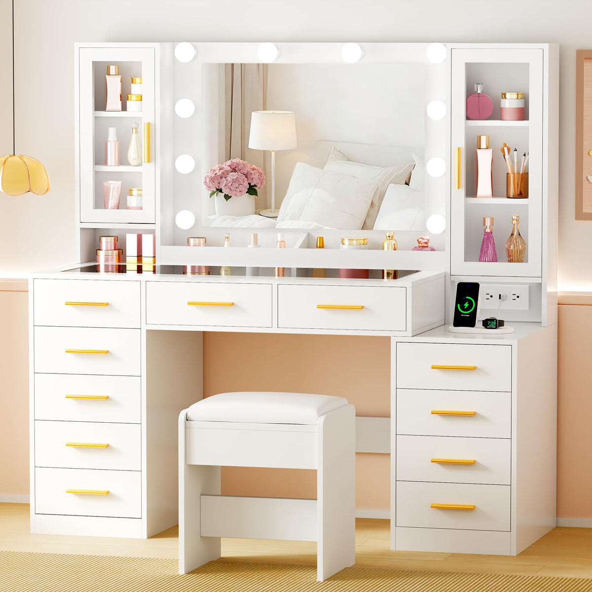 White Glass Top Vanity Desk with Mirror and Lights J5994
