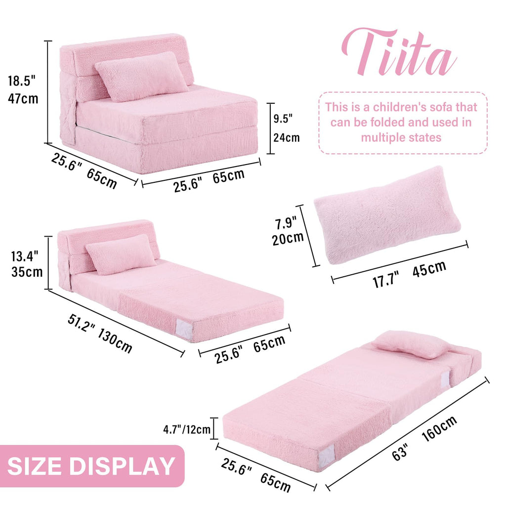 Pink Plush Convertible Folding Kids Sofa Bed with Pillow & Storage Bag F4333