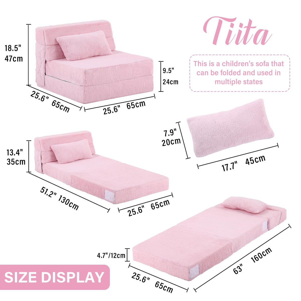 Pink Plush Convertible Folding Kids Sofa Bed with Pillow & Storage Bag F4333