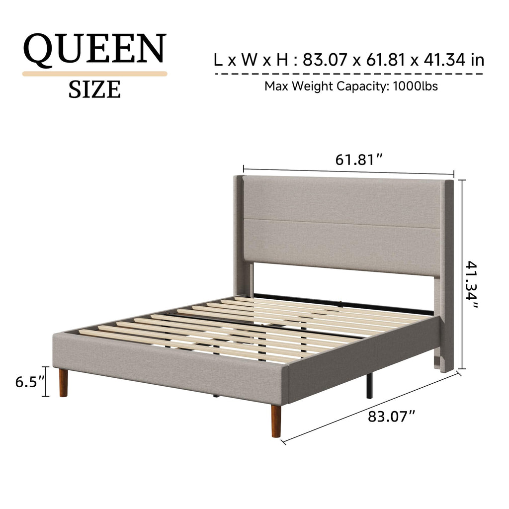 Queen Size Linen Platform Bed Frame with Wingback Headboard G1143