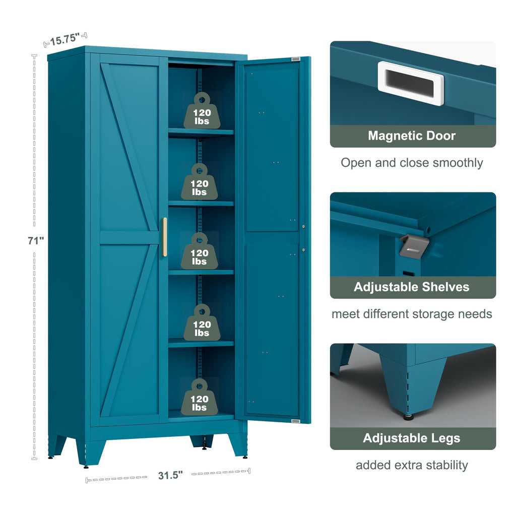 71'' Peacock Blue Metal Storage Cabinet with 4 Adjustable Shelves Y374755