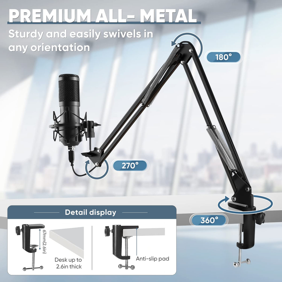 USB Microphone 192kHz/24bit Cardioid Condenser Studio Mic Kit with Boom Arm D67329
