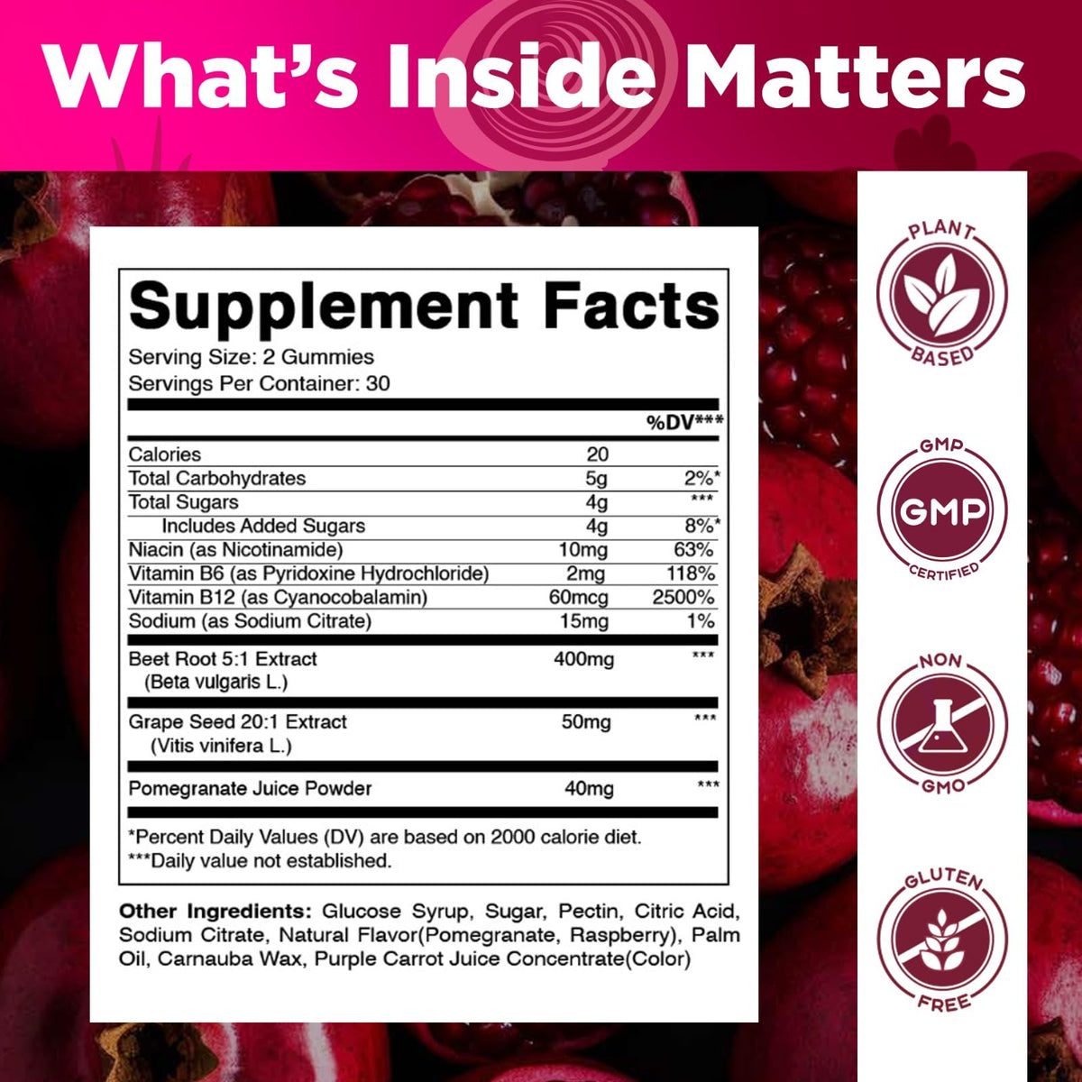 Beet Root Gummies with B6, B12, Grape Seed, Pomegranate & Nicotinamide 60 Count N4331