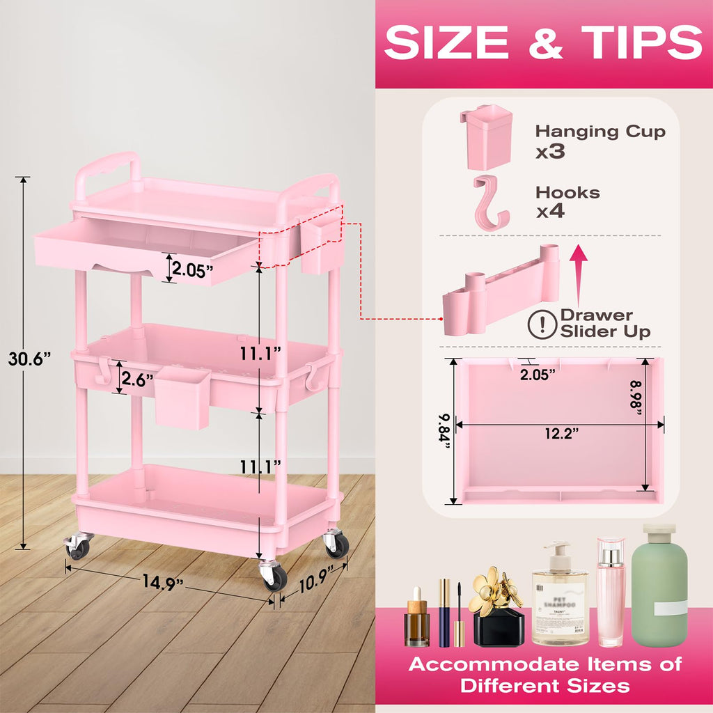 Pink 3 Tier Rolling Makeup Organizer Cart Q270141