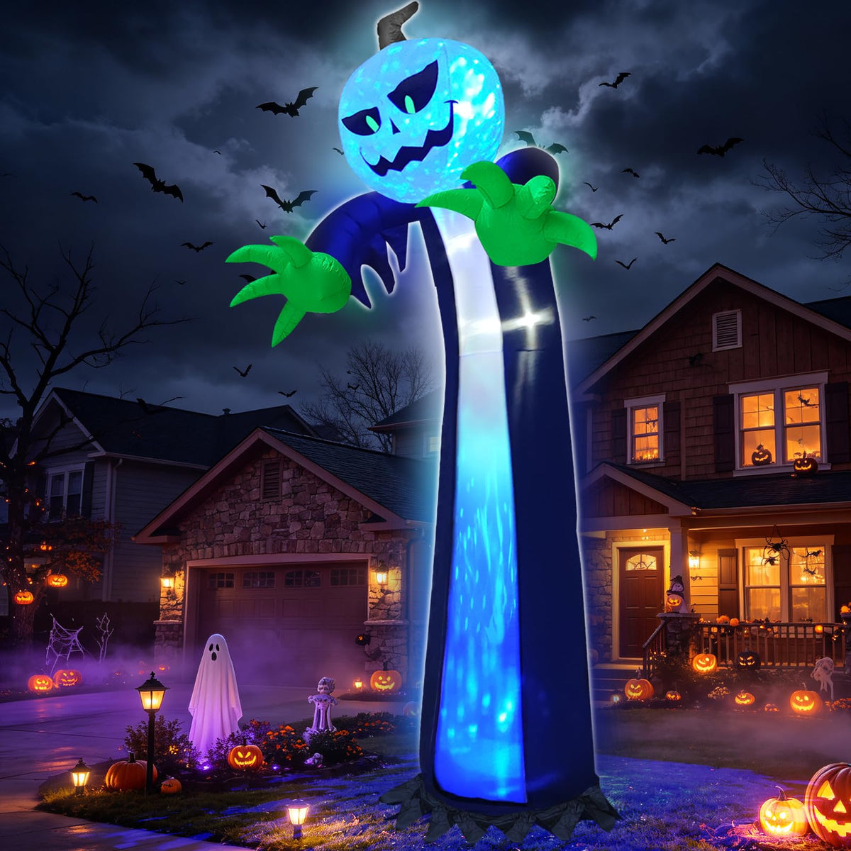 14 Ft Inflatable Pumpkin Ghost Decoration with Rotating LED Light E5258