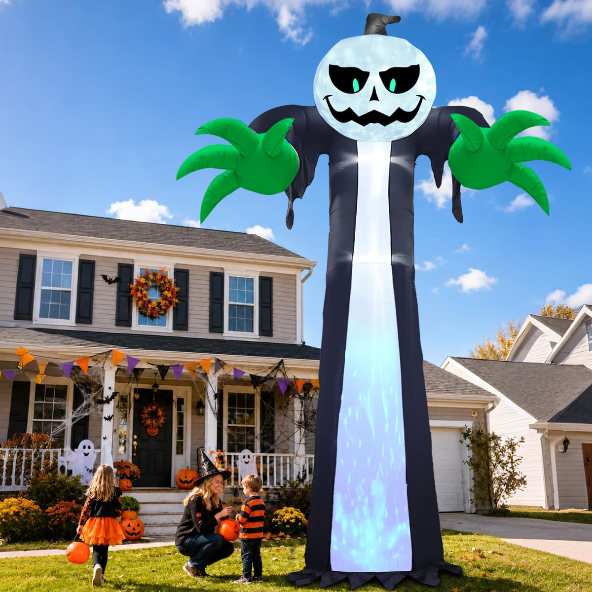 14 Ft Inflatable Pumpkin Ghost Decoration with Rotating LED Light E5258