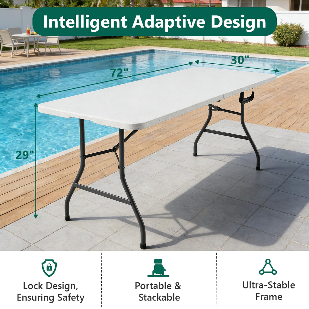 6FT Heavy Duty Plastic Folding Table with Steel Legs White F7949
