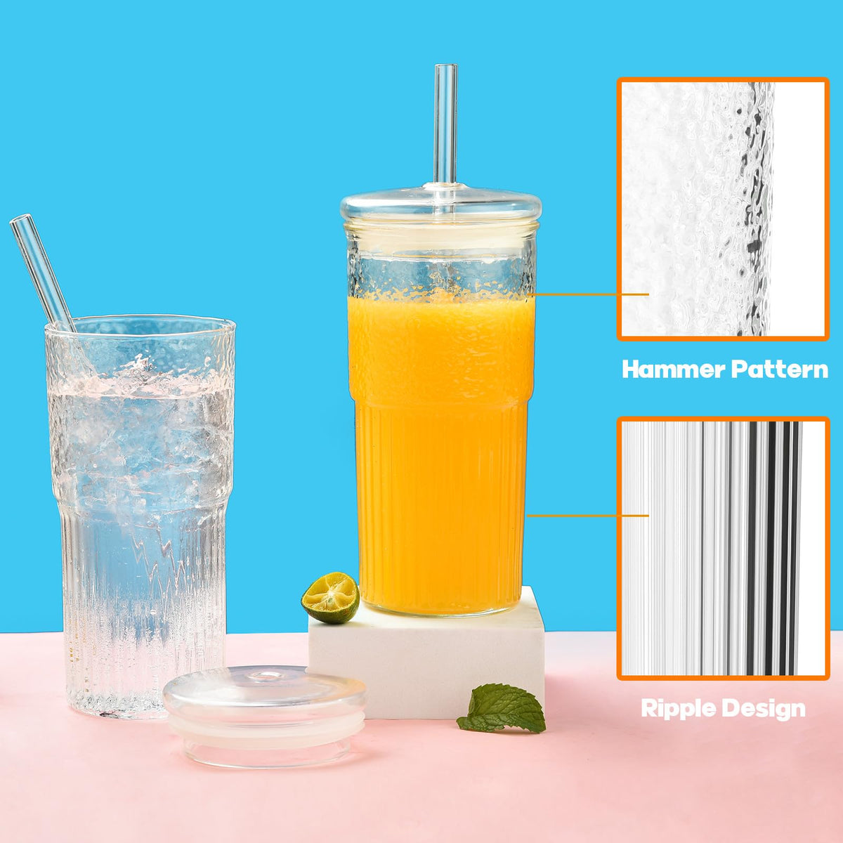 22 oz High Borosilicate Clear Glass Cups with Lids and Straws, Pack of 2 V90260