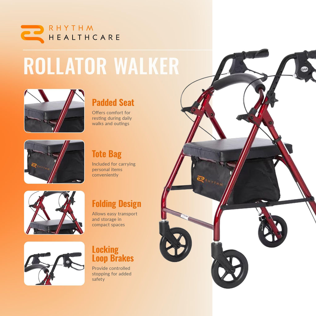 Red Aluminum 4 Wheel Rollator with Padded Seat A51846