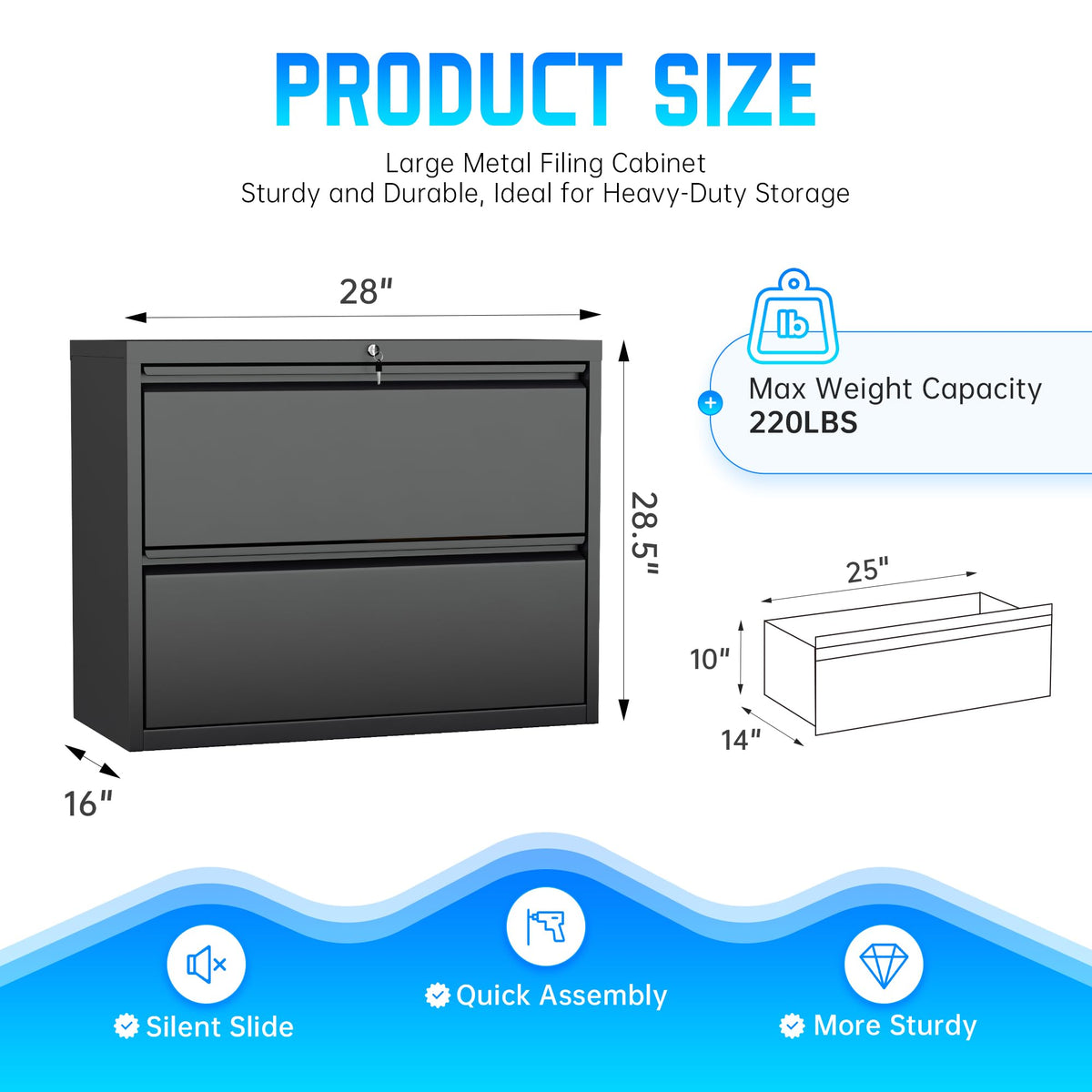 Black 2 Drawer Metal File Cabinet with Lock O7879