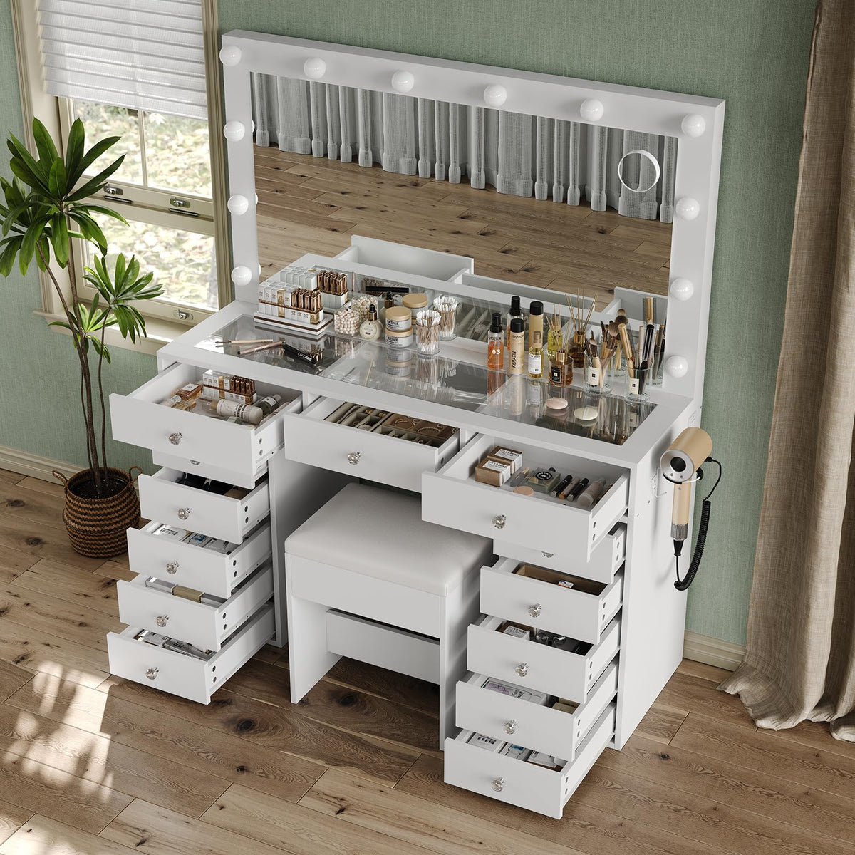 47" White Makeup Vanity with 13 Drawers and HD Mirror B4258