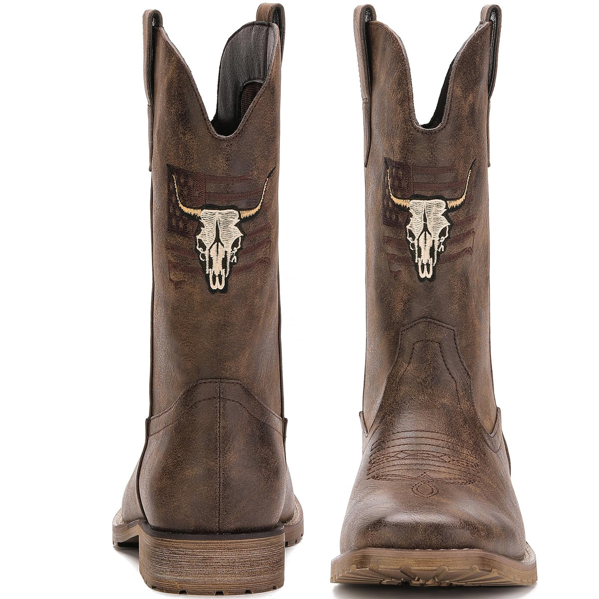 Vintage Distressed Brown Square Toe Mid-Calf Cowboy Boots Y82249