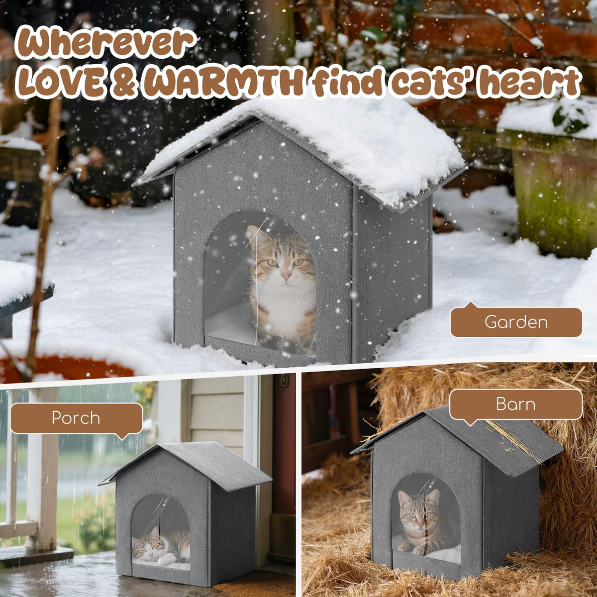 Weatherproof Insulated Outdoor Cat House with Door Curtain and Warm Cushion T823424