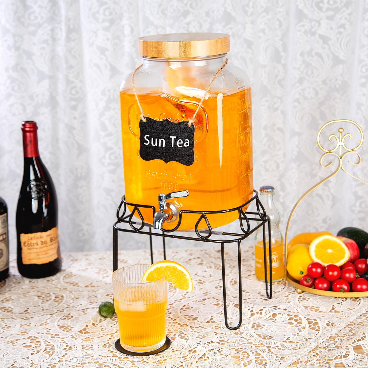 2 Gallon Glass Drink Dispenser with Stand and Bamboo Lid X732