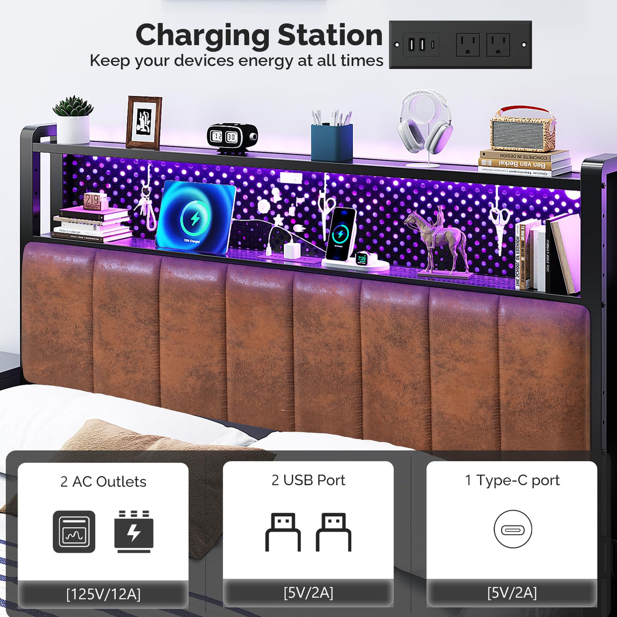Full Size Faux PU Leather Upholstered Headboard with Charging Stations D777842