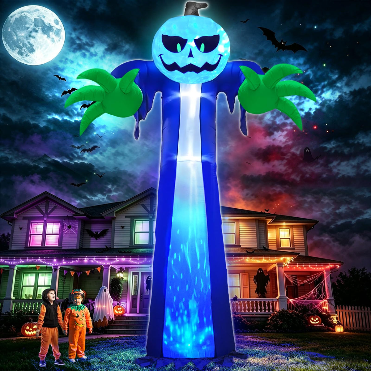 14 Ft Inflatable Pumpkin Ghost Decoration with Rotating LED Light E5258