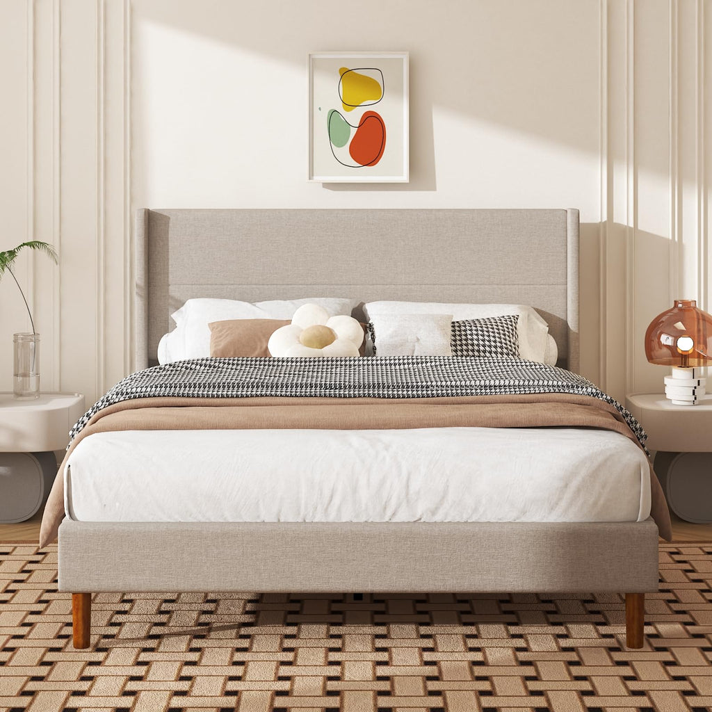 Queen Size Linen Platform Bed Frame with Wingback Headboard G1143