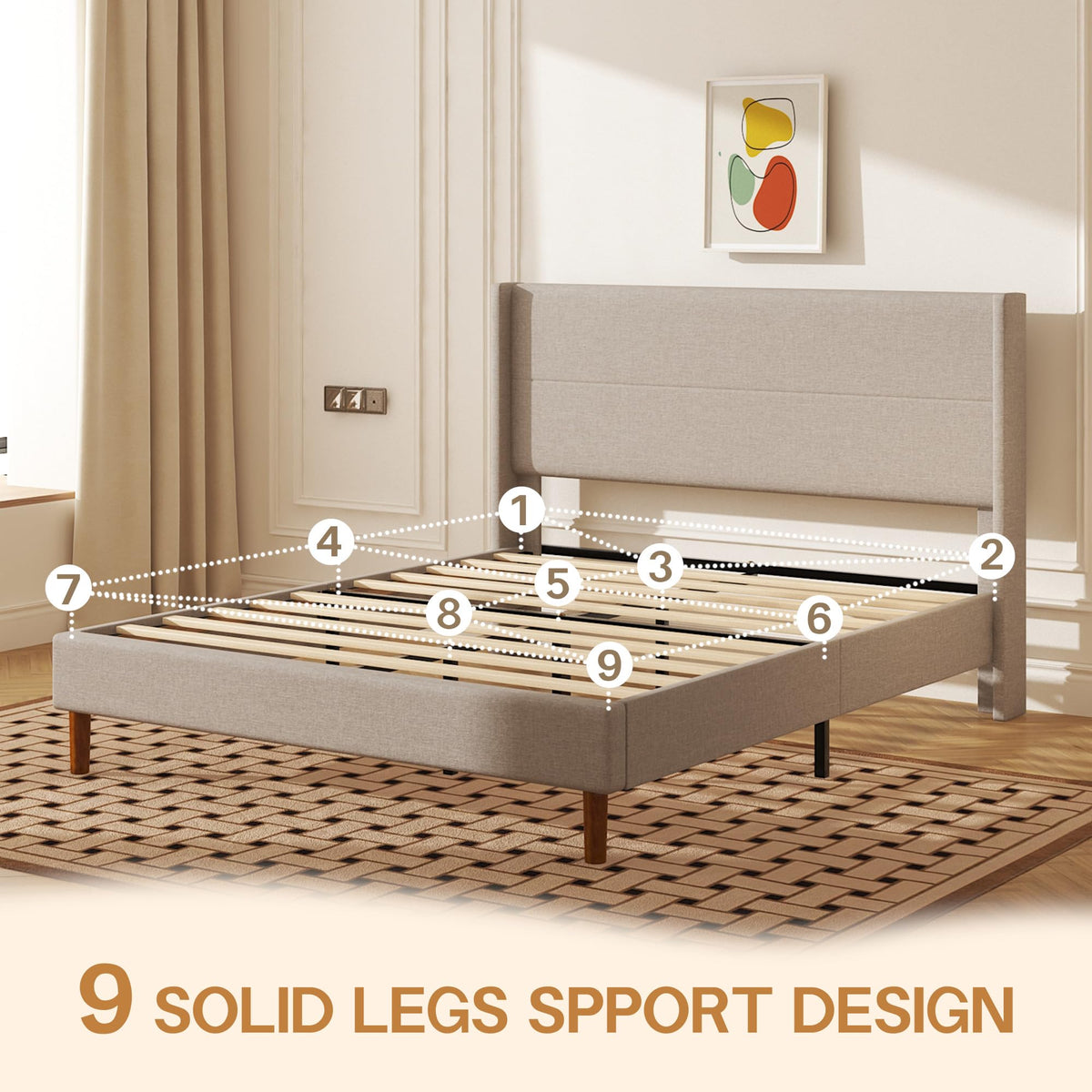 Queen Size Linen Platform Bed Frame with Wingback Headboard G1143