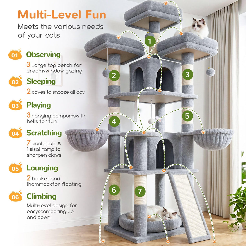 70 Inch Light Grey Cat Tree with Scratching Post B805