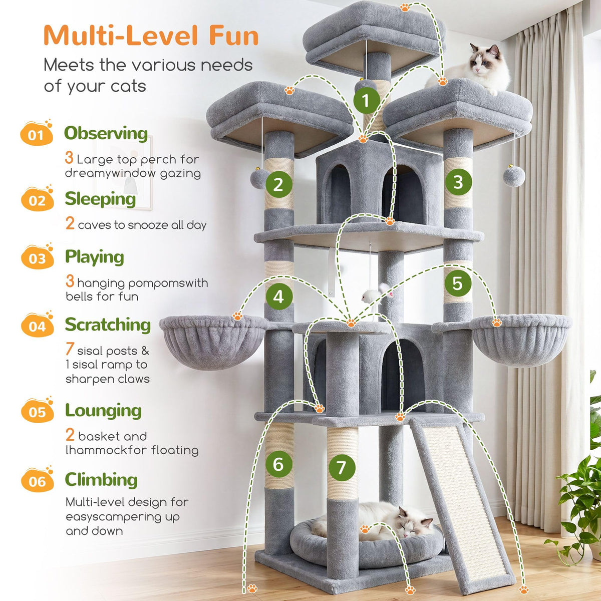 70 Inch Light Grey Cat Tree with Scratching Post B805