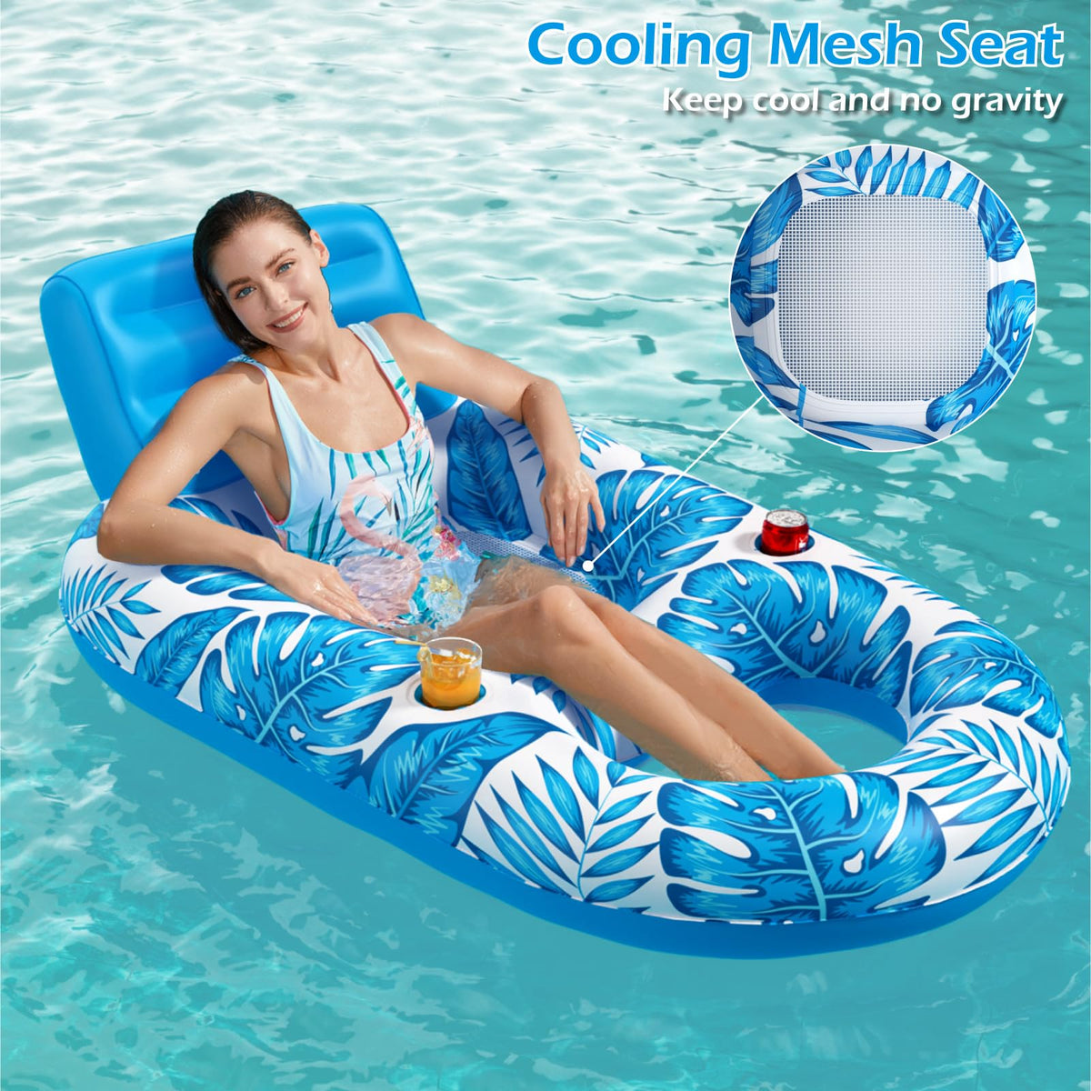 Inflatable Pool Float Lounger with Cup Holders K7297