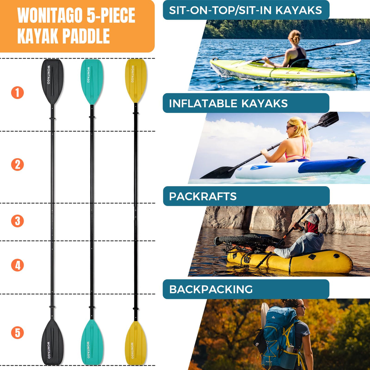 Adjustable Portable 5-Piece Kayak Paddle T883374